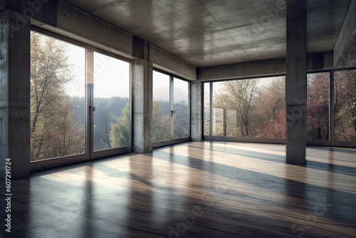 Interior of modern loft with concrete floor and panoramic windows