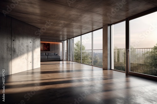 Interior of modern loft with concrete floor and panoramic windows