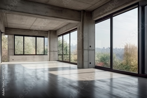 Interior of modern loft with concrete floor and panoramic windows