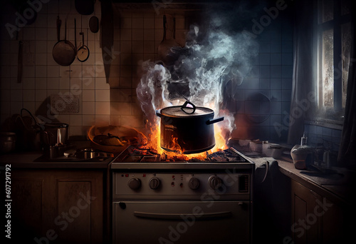 Stove ignited in the modern kitchen during cooking, smoke and soot around, fire at home. Generate Ai