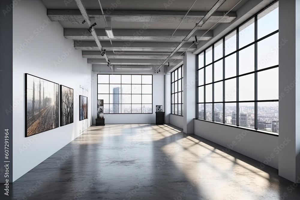 Interior of modern art gallery with empty white walls and concrete floor. Gallery concept Interior of modern art gallery with empty white walls and concrete floor. Gallery concept