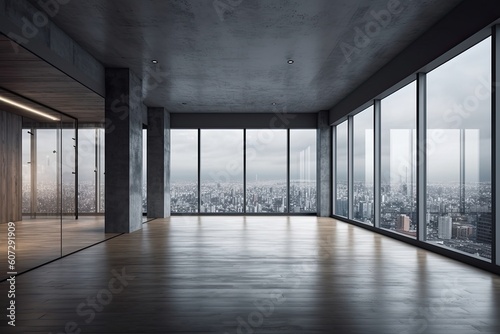 Interior of modern loft with concrete floor and panoramic windows