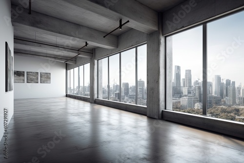 Interior of modern loft with concrete floor and panoramic windows