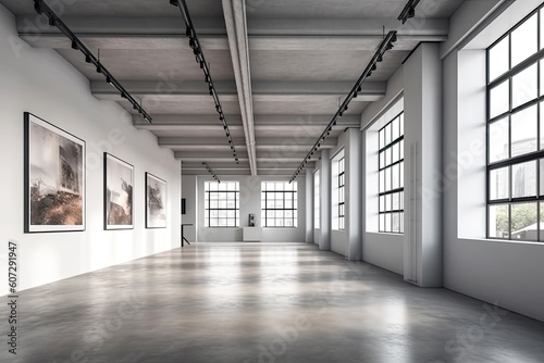 Interior of modern art gallery with empty white walls and concrete floor. Gallery concept © ttonaorh