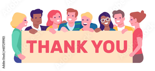 Group of young people holding placard saying thank you. Thanking doctors and police. Thankful men and pleased women. Gratitude poster. Appreciation to emergency workers. Vector concept