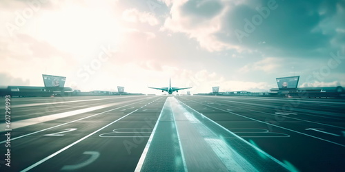 futuristic airport with advanced technology and planes taking off and landing on a busy runway. Generative AI