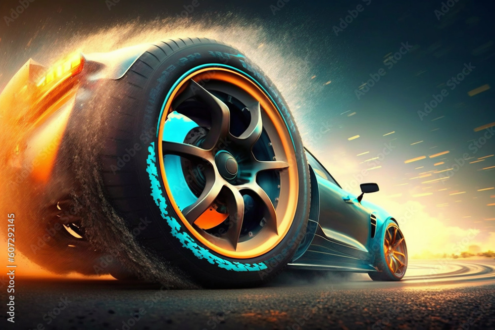 3D rendering , Sport Car Raceing on race track , Car wheel drifting.Generate Ai