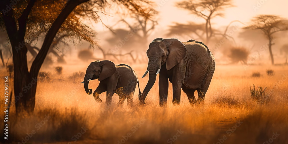 Fototapeta premium mother and baby elephant walking in a savannah, with a sunrise and acacia trees in the background. Generative AI