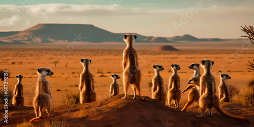 Photo group of meerkats standing on their hind legs, with a desert landscape and distant mountains in the background