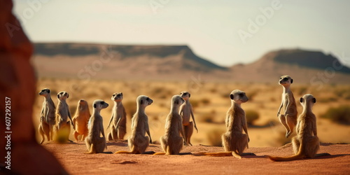 Fotografie, Obraz group of meerkats standing on their hind legs, with a desert landscape and distant mountains in the background