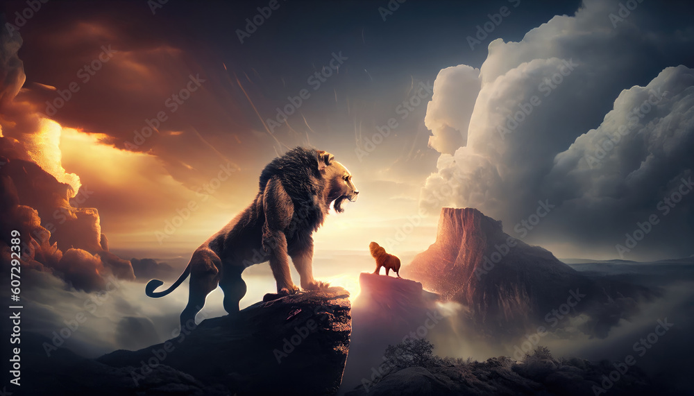 Fototapeta premium Big lion and lioness on the top of the mountain. Generate Ai.
