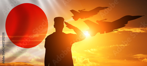Group of aircraft fighter jet airplane. Japan flag. Air force day. 3d illustration