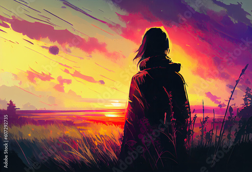 Illustration painting of lover on the meadow looking at the sunset. Generate Ai. photo