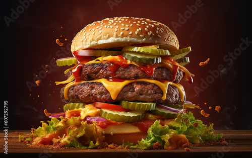 Delicious 8layer burger, An awe-inspiring photograph revealing a mouthwatering, juicy burger, expertly captured through the lens of food photography, emphasizing the gourmet aspect. Generative AI