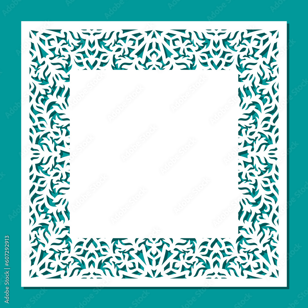 Square blank with openwork edge. White mockup of card, certificate, wedding invitation. Template for plotter laser cutting of paper, fretwork, wood carving, metal engraving, cnc. Vector illustration.