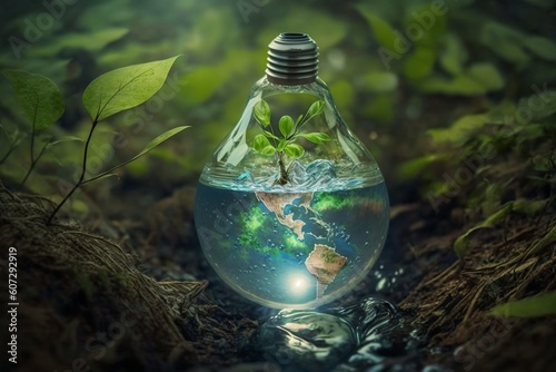 Ecology and world water day , Light bulb idia with environmental protection and save earth water. Generate Ai