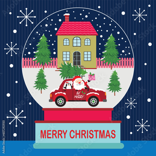 christmas card with santa claus and car  in the snow globe