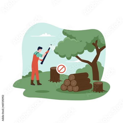 Vector concept of stop illegal logging of trees. Illustration for website, landing page, mobile app, poster and banner. Trendy flat vector illustration	