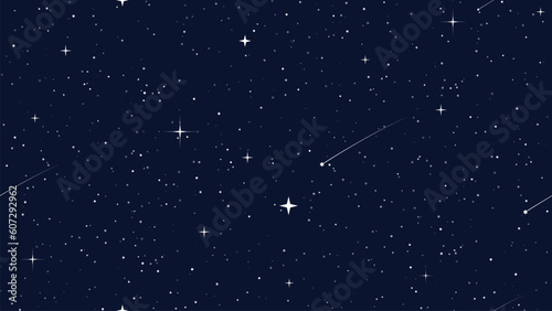 Starry space seamless pattern. Galaxy shiny stars fabric print, astronomy science starlight background or night sky wallpaper vector pattern. Universe starry pattern with glowing stars and comets