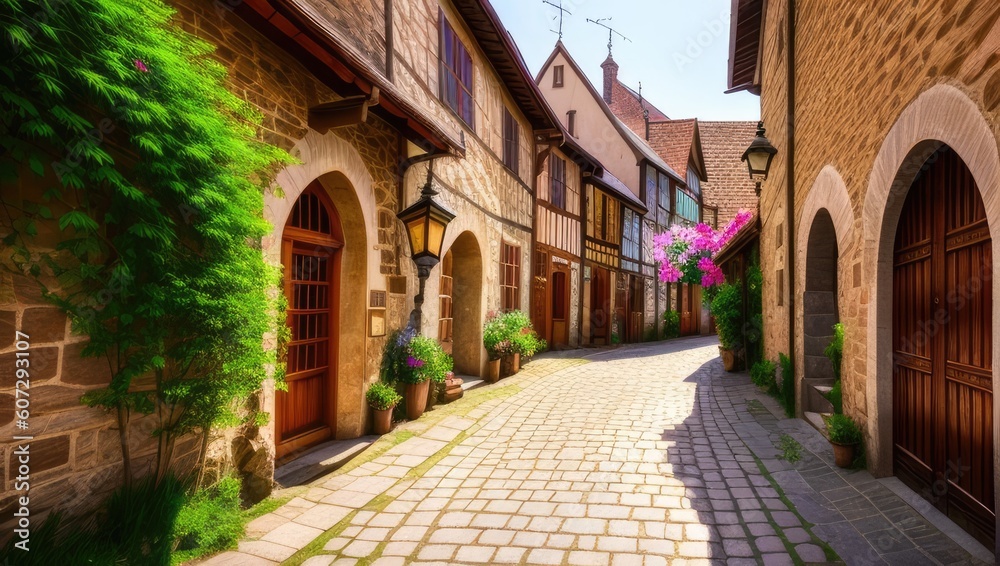 Flowery empty old historical street from the pavement of paving stones on sunny day in small village. Generative AI