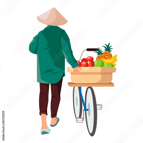 A Vietnamese man in a conical straw hat carries fruit on his bicycle. Travel, cultural concept. Vector illustration in cartoon style isolated on a white background
