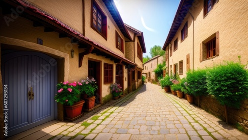 Flowery empty old historical street from the pavement of paving stones on sunny day in small village. Generative AI © Vitaliy
