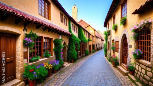 Flowery empty old historical street on sunny day in small village. Generative AI