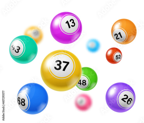 Bingo lottery balls. Gambling lottery, gambling jackpot, casino lotto fortune chance or gamble lucky bet realistic vector concept. Bingo game win background or wallpaper with flying colorful balls