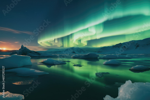 Glacial lagoon in Iceland under the northern lights. Night sky with aurora and setting sun. Night winter landscape with northern lights and reflection on the water surface