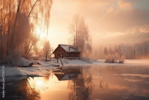 Lonely hut by the lake. Sunset over the lake. Fantasy winter forest landscape, generative AI © Kien