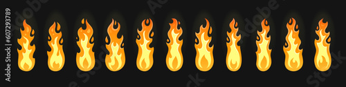 Cartoon fire flame sprite animation, bonfire or torch burn, vector loop effect. Animated burning fire, sprite sheet frame for game, candle fire or fireball and campfire or fireplace flames animation