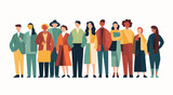 Abstract diverse people group. Coworkers or Friends are standing, hugging, posing together. Cartoon characters. Teamwork, togetherness, friendship. Hand drawn colorful Vector.