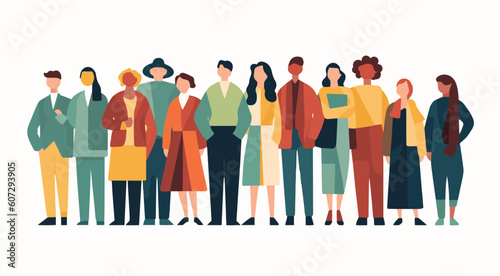 Abstract diverse people group. Coworkers or Friends are standing, hugging, posing together. Cartoon characters. Teamwork, togetherness, friendship. Hand drawn colorful Vector.