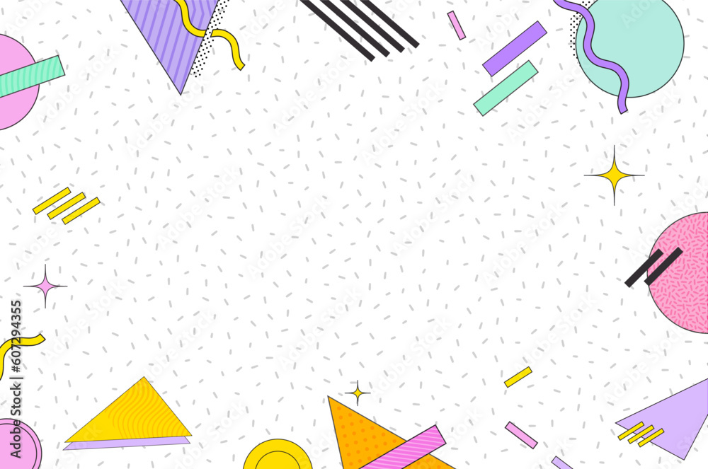 Geometric horizontal background. Memphis minimalist retro poster. Graphic retro wave template. Abstract trendy pattern with multicolored geometric shapes. Geometric horizontal background. Memphis minimalist retro poster. Graphic retro wave template. Abstract trendy pattern with multicolored geometric shapes.