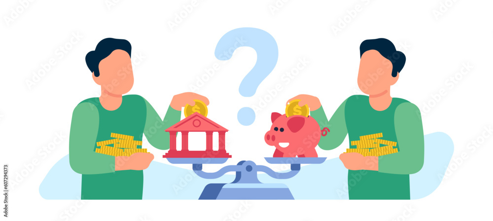 Keeping savings. Man chooses between banking deposit or piggy bank. Pensive guy. Golden coins on scales. Question of investments. Financial doubts. Solutions comparison. Vector concept