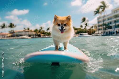 Image of a happy Pomeranian surfing on a surfboard at the beach on a sunny day.