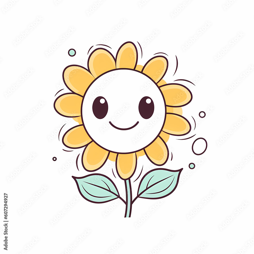 Adorable Sun Flower On White Background Cartoon Illustration