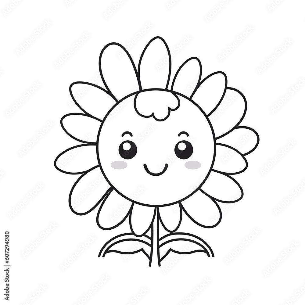 Adorable Sun Flower Black Outline Cartoon Illustration