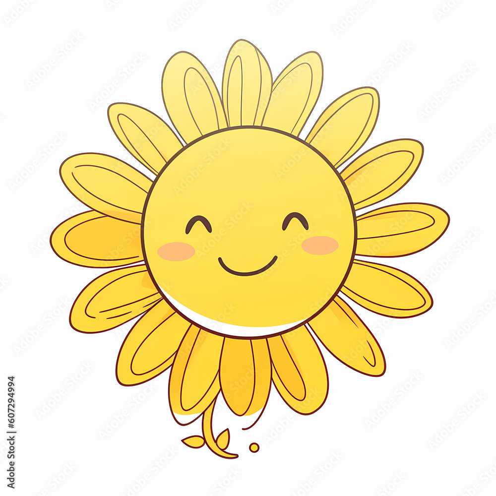 Adorable Sun Flower On White Background Cartoon Illustration