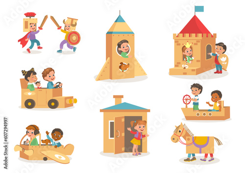 Kids games with cardboard boxes. Cute little dreamers characters playing with homemade toys. Spaceships and knight armor. Children playground. Paper castle or car. Splendid vector set