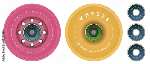 Set of Skate Wheels Design. Longboard Wheels with Bearings. Surfskate. Vector illustration.