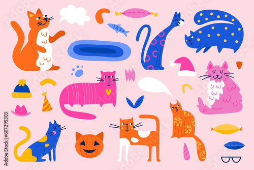 Big fun set of cat characters. Cats vector illustration
