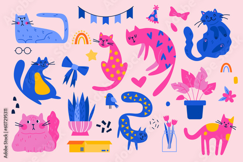 Big fun set of cat characters. Cats vector illustration
