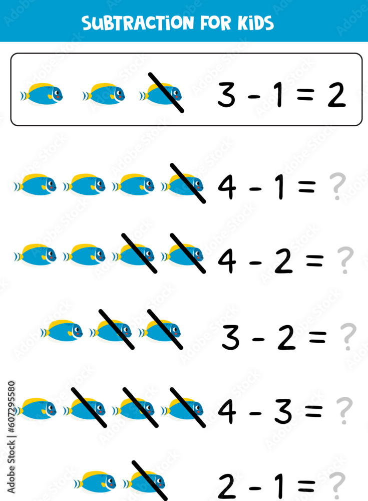 Subtraction with cute blue tang fish. Educational math game for kids.