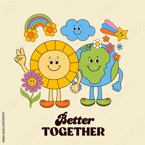 funny poster with sun,Earth, cloud, rainbow, flower