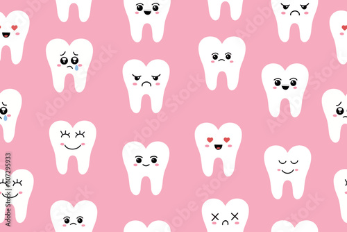 Seamless pattern with cute teeth. Dental cute background. Illustration for a pediatric dentist's office, pediatric dentistry. Vector illustration