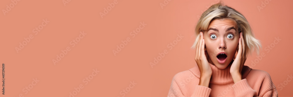 Close up studio photo portrait of humorous terrified astonished person touching head with hands looking at camera isolated studio background. Generative AI Close up studio photo portrait of humorous terrified astonished person touching head with hands looking at camera isolated studio background. Generative AI