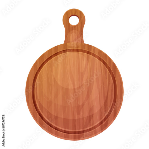 Wooden round pizza board, pate top view in cartoon style isolated on white background. Kitchen enpty cutting desk. 