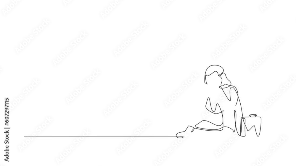 Animated self drawing of continuous line draw sad Arab businessman cover face by hands, sitting on floor. Depression disorder, sad, sorrow, disappointment symptom. Full length single line animation