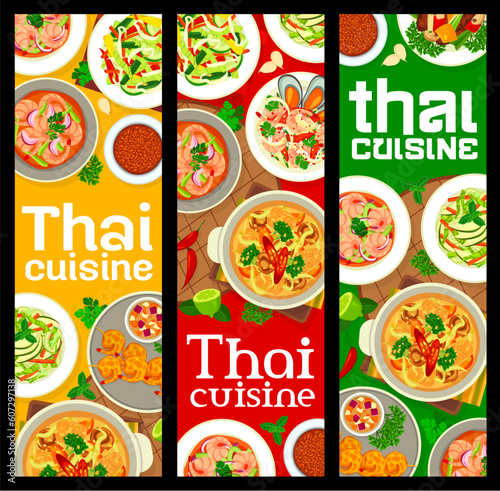 Thai cuisine food banners. Seafood shrimp, vegetable and fruit salads, Panang curry, salad with soybean sprouts and battered prawns, beef and vegetable stir fry, fish soup